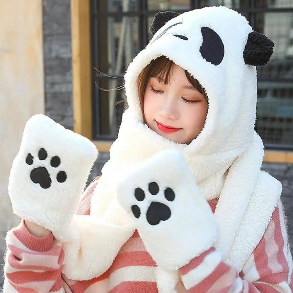 Fluffy Animal Themed Plush Handwarmer Scarf Hat Combo | Fleece Mittens - PANDA